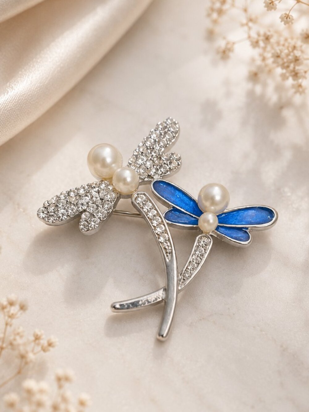 Elegant Silver and Blue Dragonfly Brooch